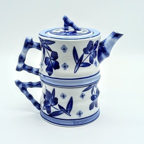 World Market Blue White Porcelain Stackable Teapot & Cup - Picture 2 of 7